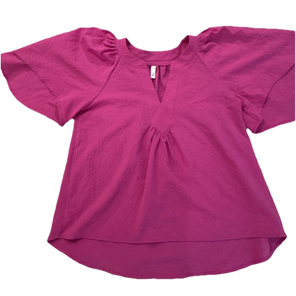 GLAM Hot Pink Textured Silky Blouse Flutter Sleeve V Neck Small Pullover Top